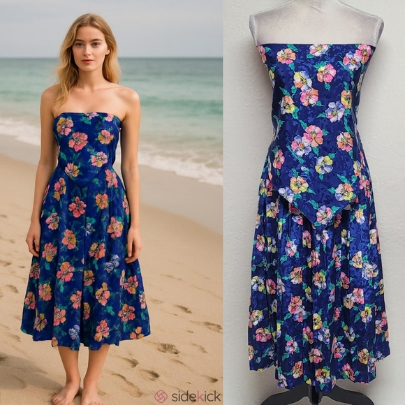 Andrea Gayle 70s Vintage Blue Tropical Print Scarf Top Pleated Midi Skirt Set M